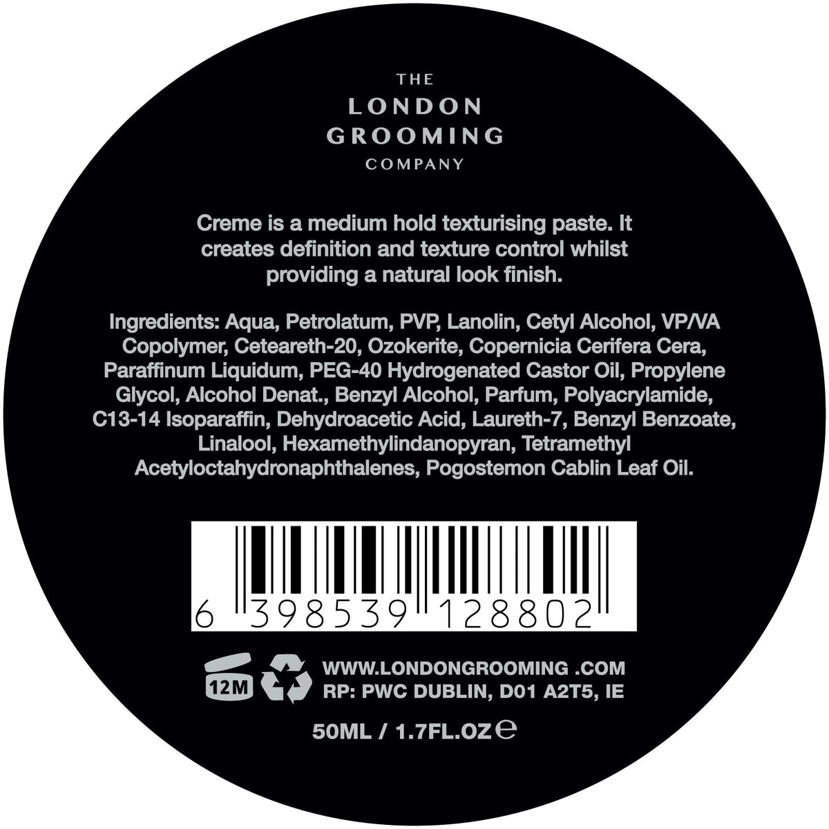 The London Grooming Company Hair Creme For Men | Medium All-Day Hold | Natural Finish | Easy to Wash Out | 50ml (1.7 Fl Oz)
