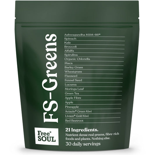 FS-Greens | 21 Advanced Greens, Superfoods, and Adaptogens Including KSM-66® Ashwagandha | Vegan & Gluten-Free | Advanced Formula | UK Made | Free Soul (30 Servings)