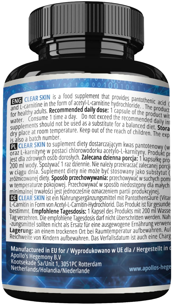 Clear Skin - Vitamin B5 200mg (Pantothenic Acid) and Acetyl-L-Carnitine 70mg, 180 Vegan Capsules, 6 Months Supply, Anti-Acne, Enhanced Skin Health, Diet Supplement - by Apollo's Hegemony