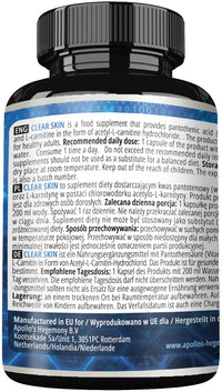 Clear Skin - Vitamin B5 200mg (Pantothenic Acid) and Acetyl-L-Carnitine 70mg, 180 Vegan Capsules, 6 Months Supply, Anti-Acne, Enhanced Skin Health, Diet Supplement - by Apollo's Hegemony
