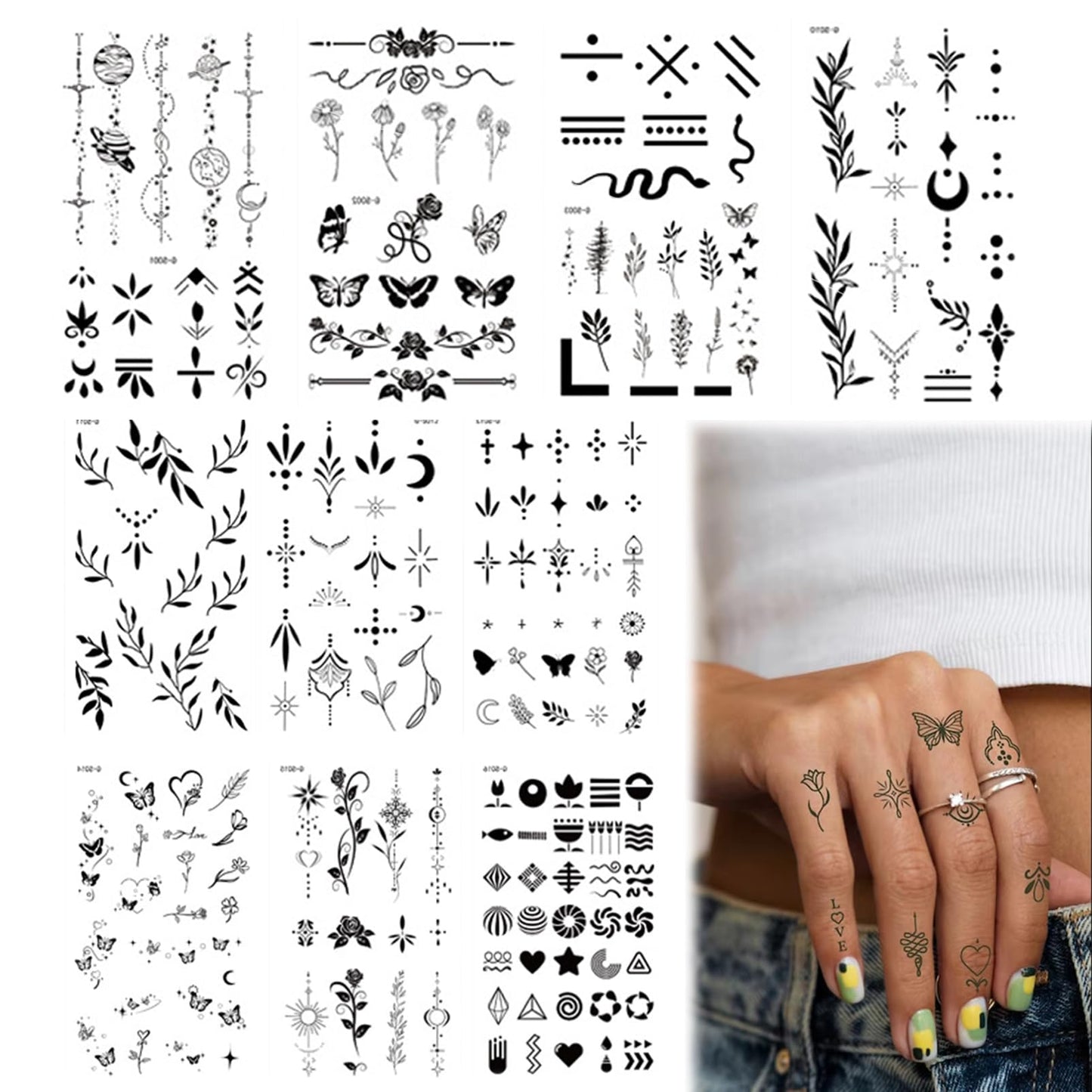 SHEBEEDO Temporary Tattoos Finger Stickers,10 sheets Small Tiny Realistic Fake Finger Tattoos,Semi Permanent Transfer Tattoos Black Flowers Wild Plant Butterfly Fake Tattoos,Waterproof Long Lasting Tattoos