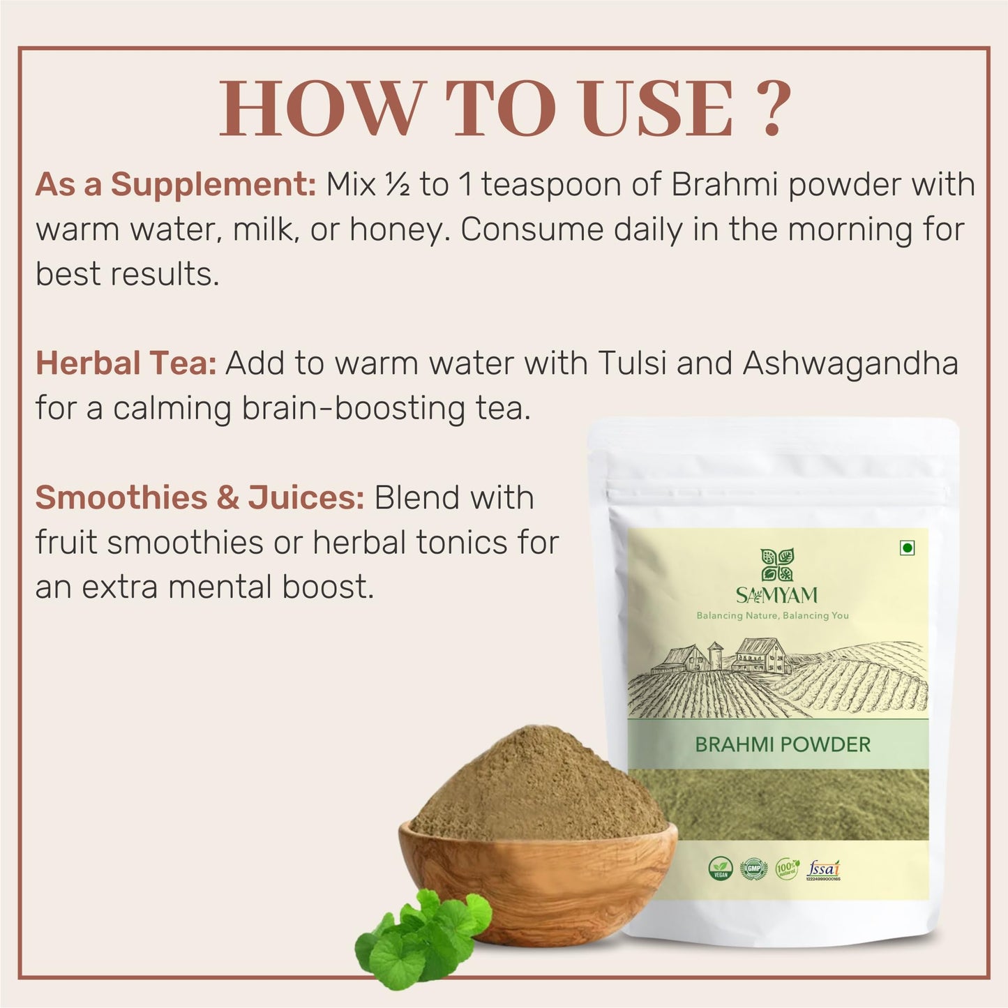 SAMYAM Brahmi Powder (Bacopa monnieri) - 500g Pack | for Memory, Intelligence and Concentration