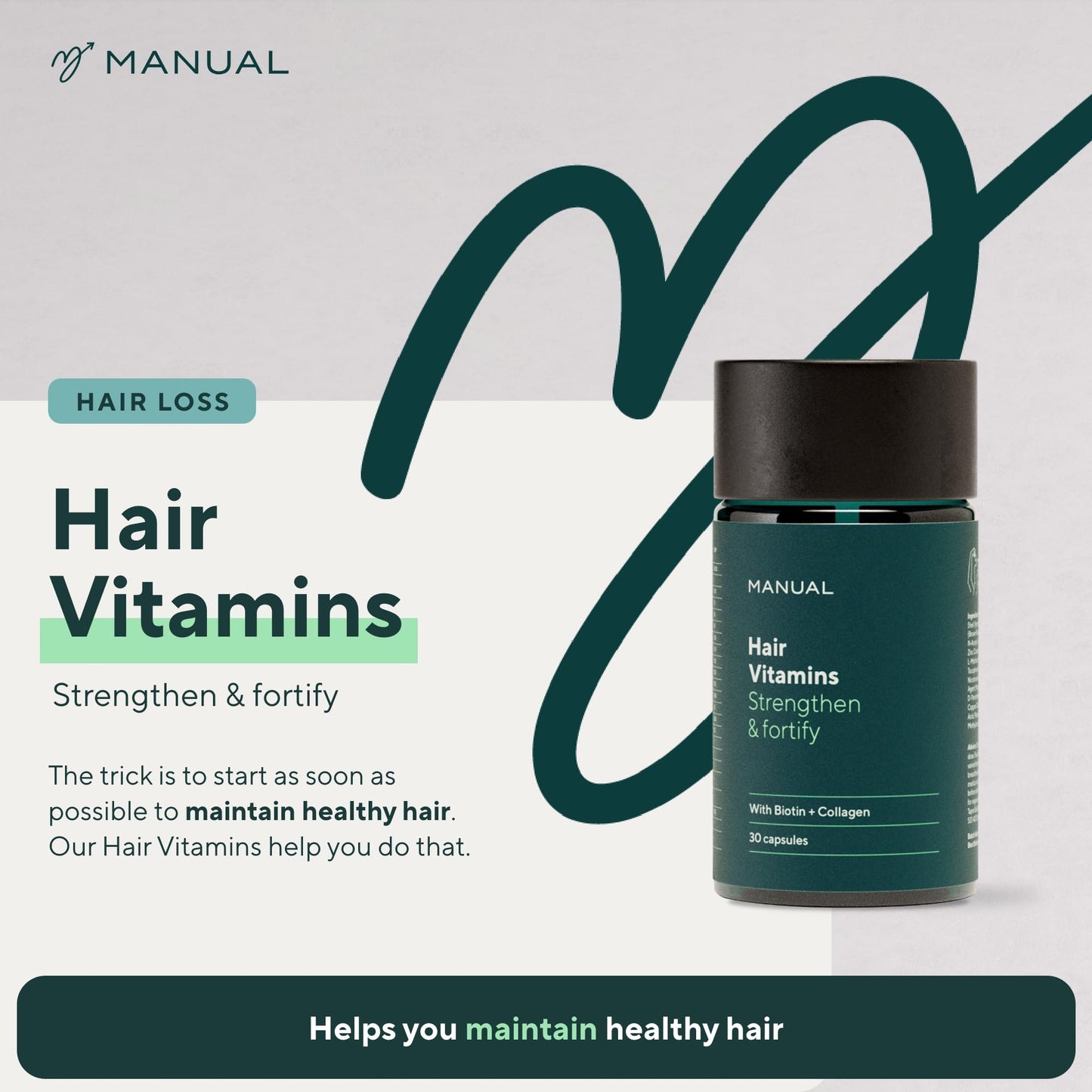 Manual Hair Growth Vitamin Supplements (30 Capsules) - for Thicker & Healthier Hair - with Multiple Vitamins Including Biotin & Collagen - for Hair Loss & Thinning - Take 1 Daily - 1 Month Supply