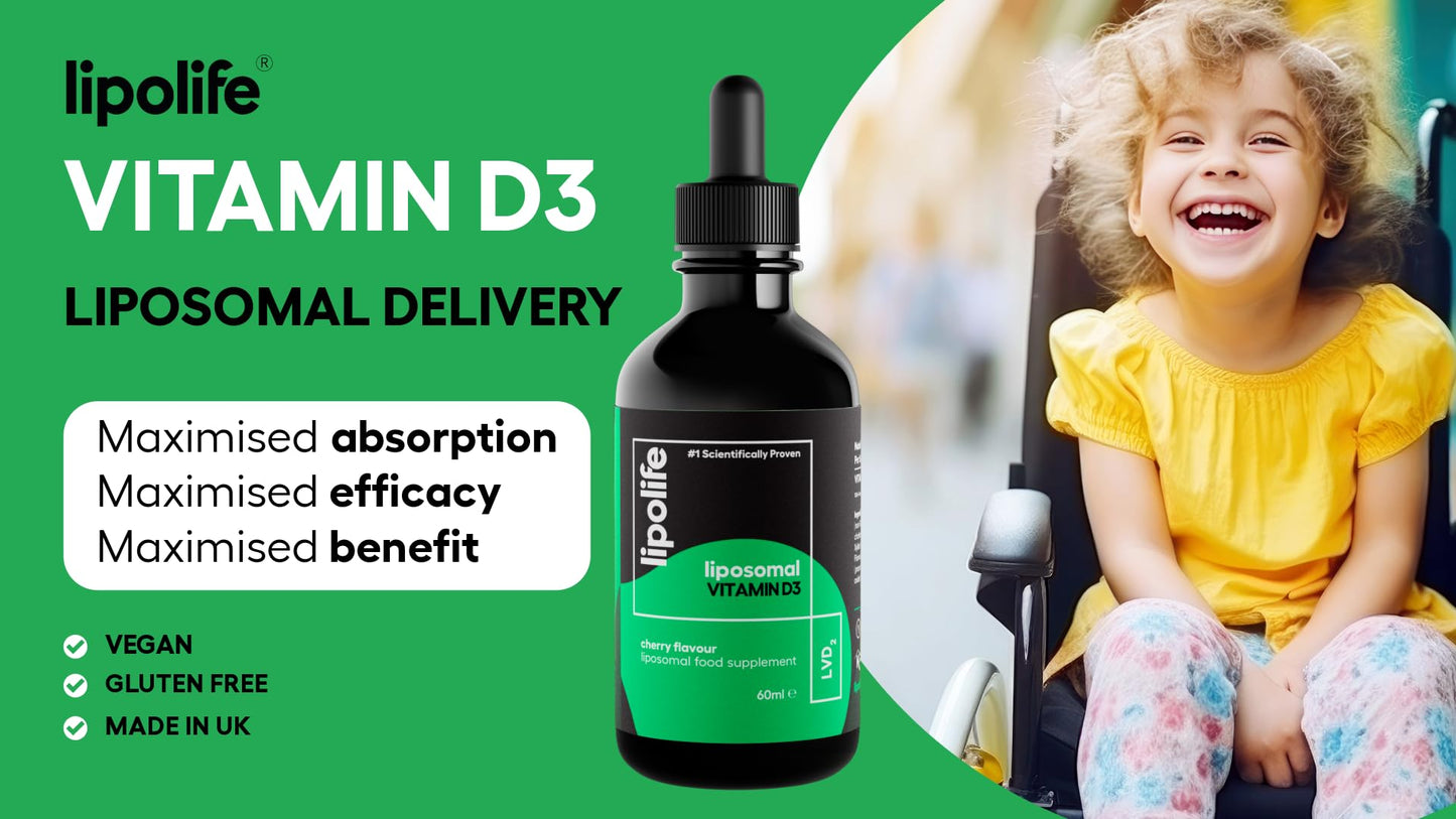 Lipolife liposomal Vegan Vitamin D3 Supplement | Highly absorbable Plant sourced D3 | Manufactured in UK to cGMP Standards | lipolife | 60 Servings. 1000IU. LVD2.