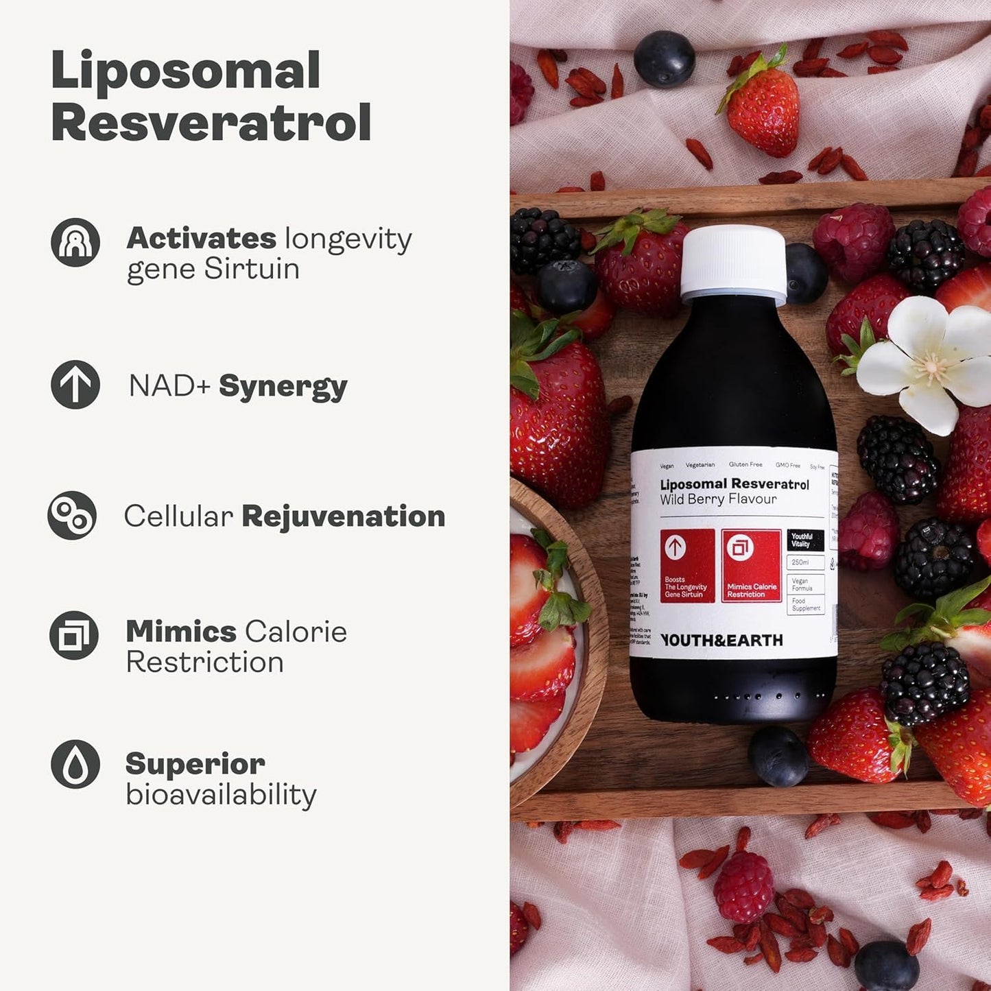 Youth & Earth Liposomal Resveratrol 200mg - Liquid Resveratrol Supplements for Sirtuin Activation, Anti-Aging & Cellular Health with NAD+ Boosters, NMN or NR - Wild Berry Flavor - 250ml