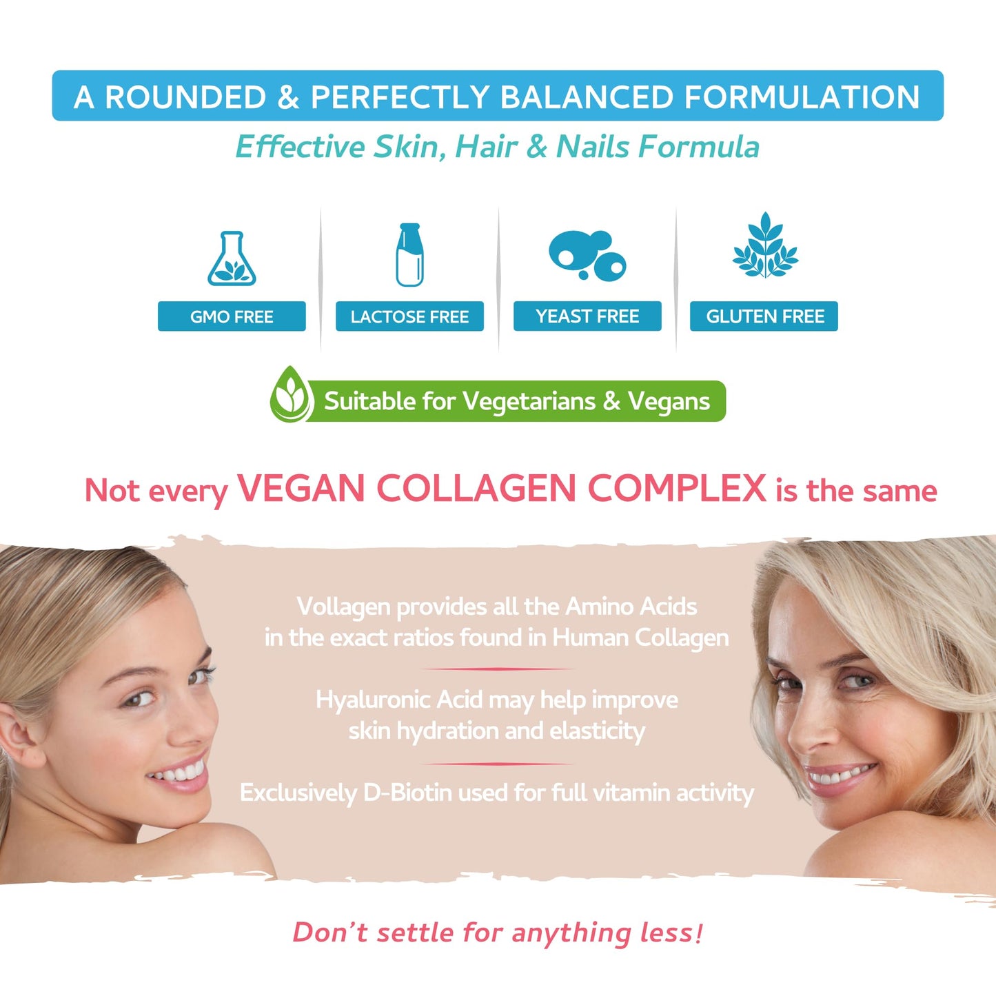 Vegan Collagen & Hyaluronic Acid Complex - 60 Capsules - Effective Skin, Hair & Nails Formula with 500mg of Vollagen in The Exact Amino ratios of Human Collagen - D-Biotin, Seaweed, Vitamins E&C