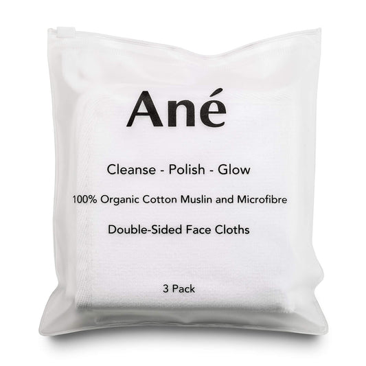 Ané Makeup Remover 3 Double Sided Organic Cotton Muslin and Microfibre Cleansing and Exfoliating Flannel Face Cloth for Gentle Face Exfoliation