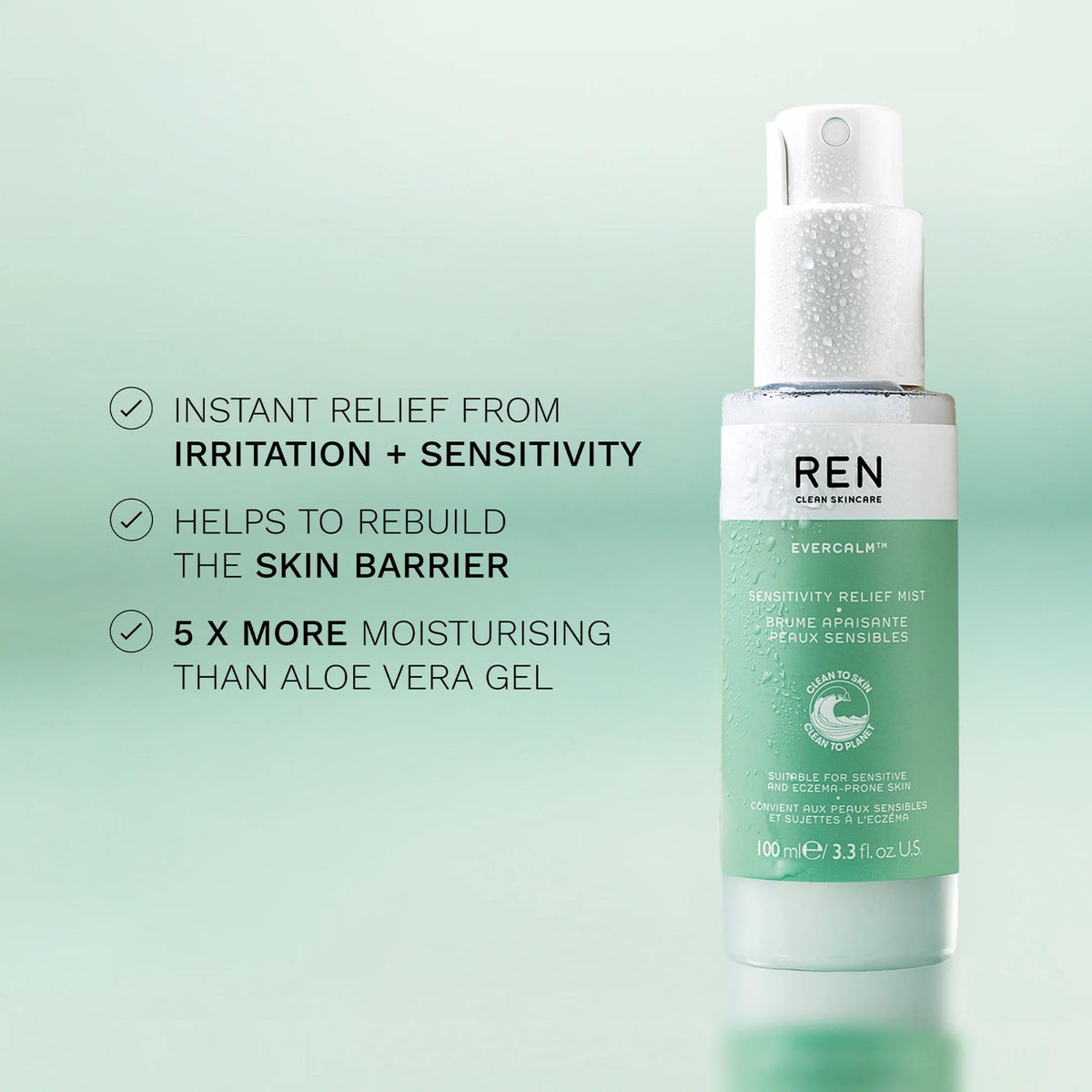 REN Clean Skincare Evercalm Sensitivity Relief Mist, 100 ml, Soothing Facial Mist for Sensitive & Redness-Prone Skin, Hydrating, Calming & Refreshing Formula with White Mushroom Extract