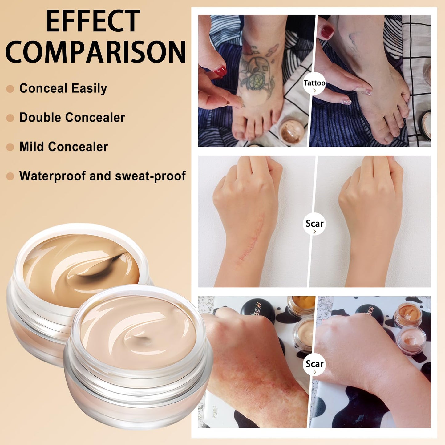 AuraAnge Tattoo Cover up Makeup - Contains Makeup Remover - Waterproof Body Concealer for Tattoo Cover Up - Full Coverage Cream for Bruises and Tattoos, Men and Women