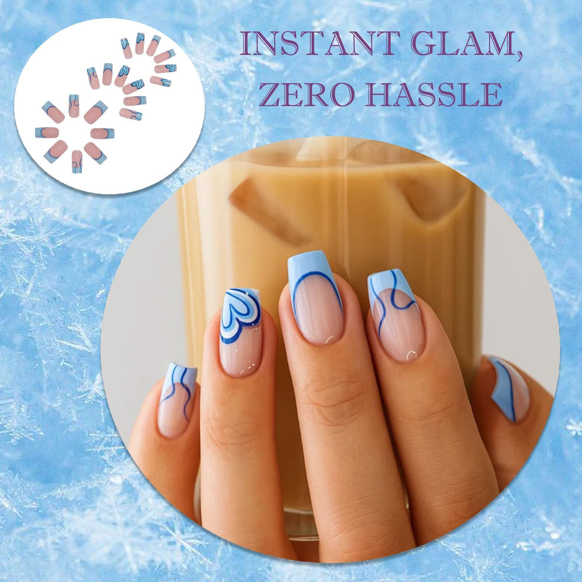 Generic 24PCS Blue Heart Press on Nails – Short Square French Tip with Blue & White Design – Fake Nails with Accessory Tools – Eco-Friendly Acrylic – Reusable Nail Tips Set for Women – Easy Daily Application