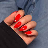 SXVME 48 Pcs Red Press on Nails Almond Medium Acrylic False Nails Medium Stiletto Natural Fake Nail Set Elegant Solid Color Full Cover Glossy Gel Stick on Nails for Women Daily Wear
