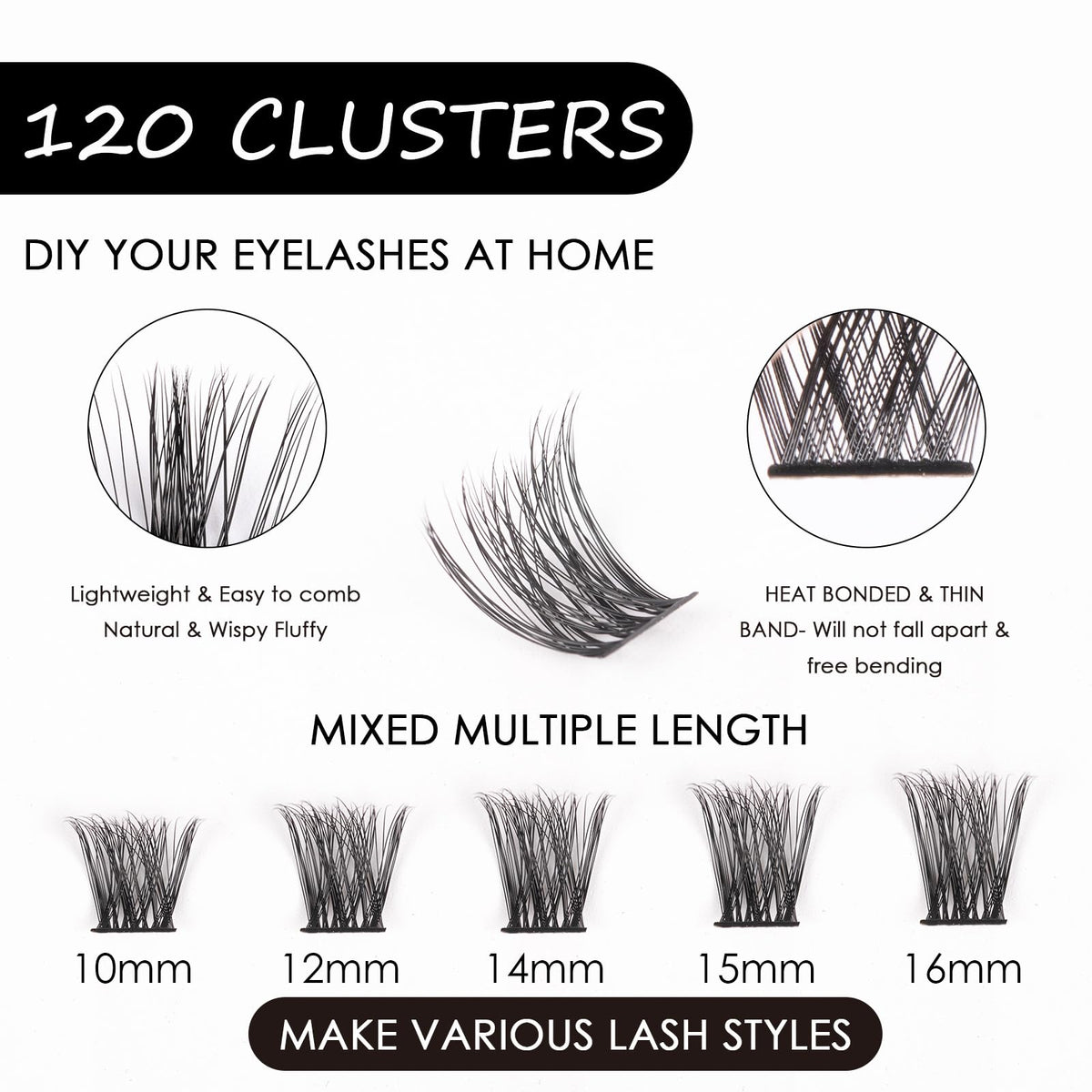 Magnetic SL Individual Lashes 120 Cluster Lashes 3D False Eyelashes Natural Look D Curl Reusable Fluffy Lash Extension Kit with Applicator and Lash Bond and Seal DIY Cluster Eyelash Extensions Mix 10-16MM-DM01