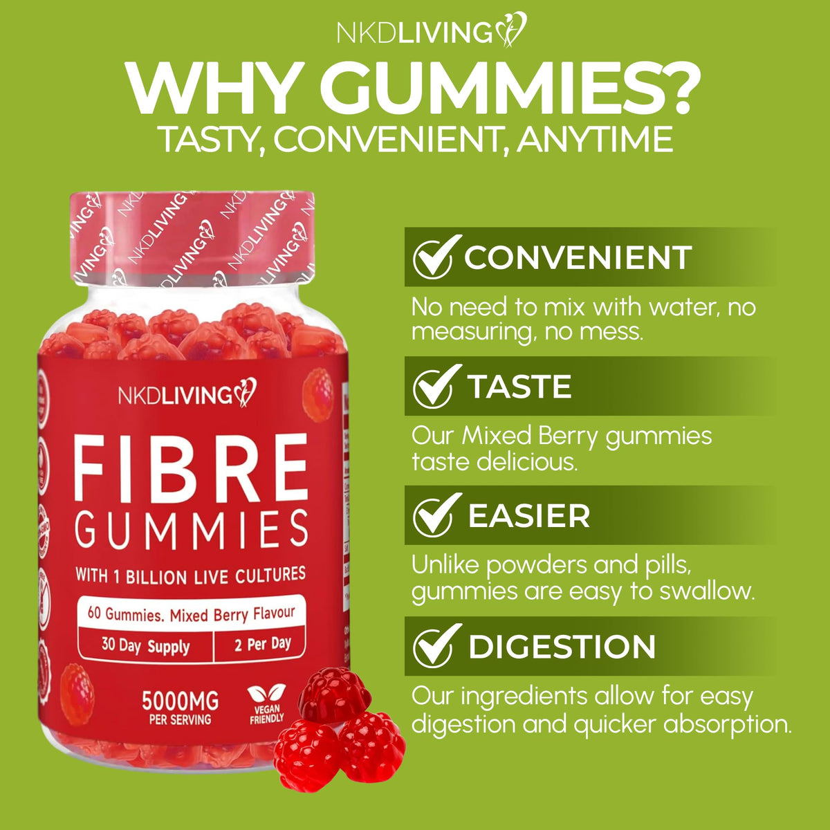 NKD Living High Fibre Inulin Gummies (60 Vegan Gummies) 5g of Fibre per Serving - with 1 Billion Live Cultures - Gut Health and Digestive System Support
