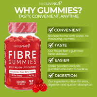 NKD Living High Fibre Inulin Gummies (60 Vegan Gummies) 5g of Fibre per Serving - with 1 Billion Live Cultures - Gut Health and Digestive System Support