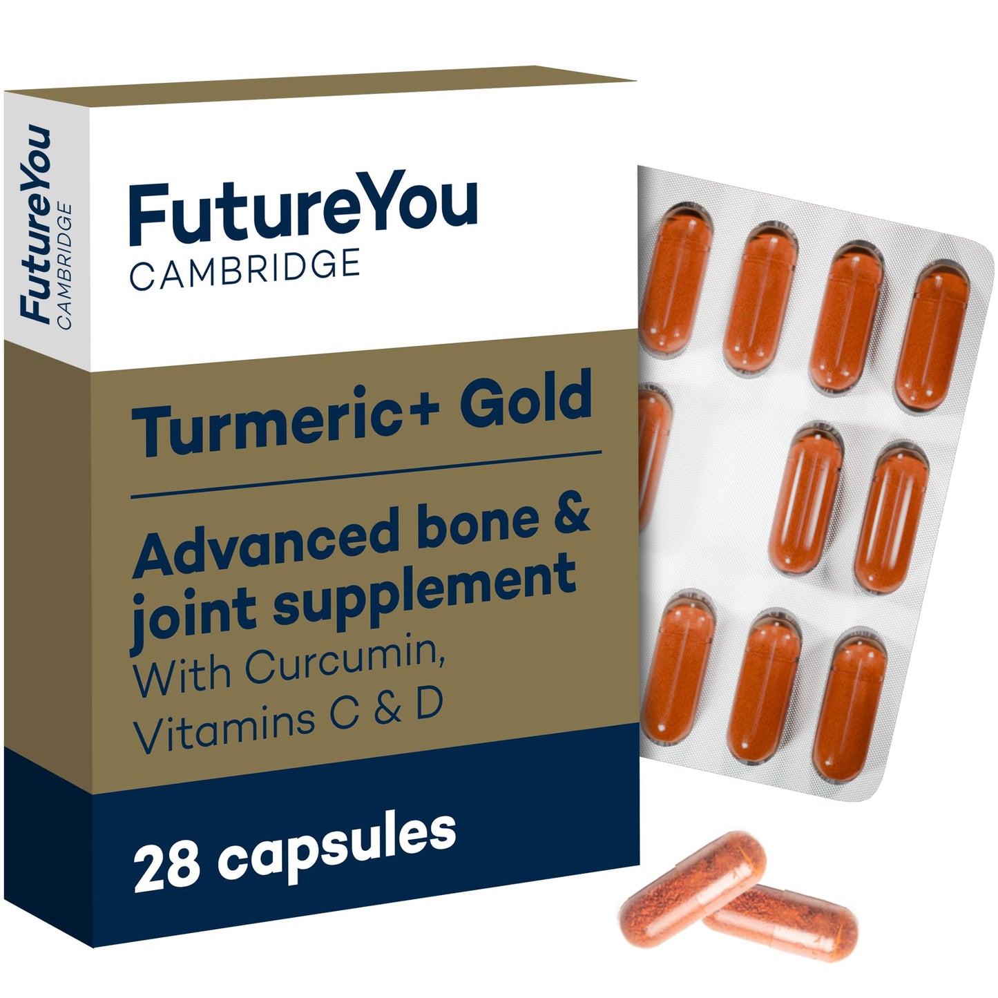 Turmeric+ Gold Supplement – 28 Turmeric Capsules High Strength – Curcumin Capsule Patented Meriva Formulation with Vitamins C & D – Tablets for Bones, Joints & Muscles by FutureYou Cambridge.