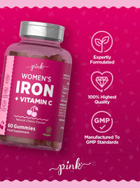 Iron Gummies for Women | Iron Supplement with Vitamin C | High Strength 14mg Iron | Natural Cherry Flavour | Vegan, No Artificial Sweetner & Flavours | 60 Gummies | PINK