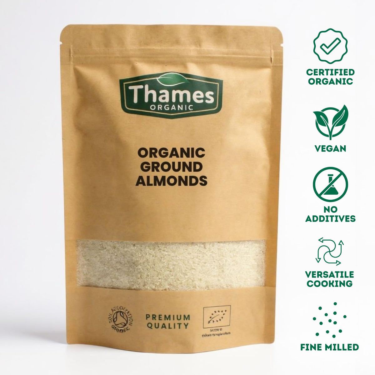 Organic Ground Almond- Raw, Unsalted, Non-GMO, No Additives, No Preservatives, Vegan - High in Protein, Healthy Fats, and Antioxidants - Perfect for Snacking, Baking, and Cooking - Thames Organic 250g