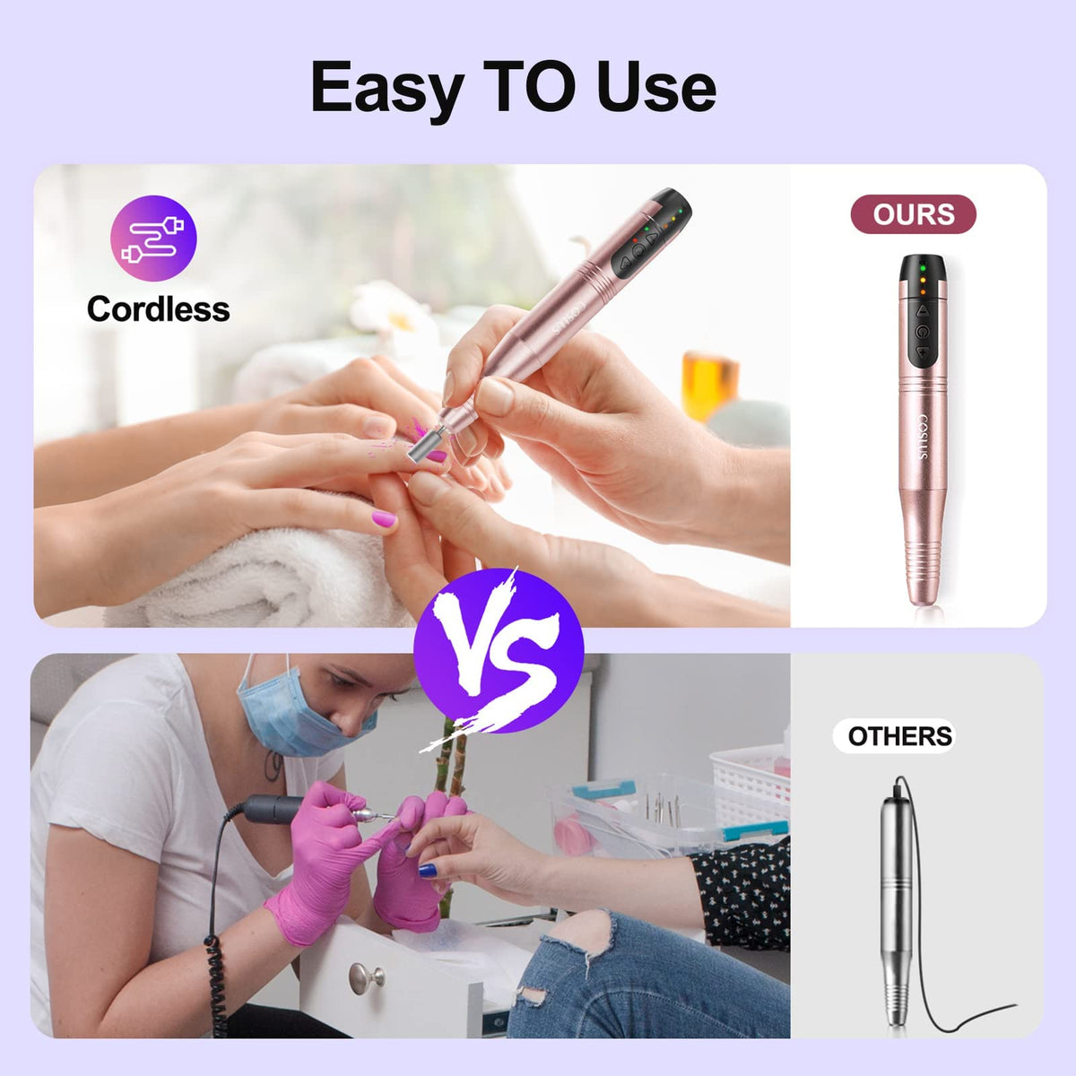 COSLUS Nail Drill Cordless Portable Electric Manicure and Pedicure Set, Professional Nail Files for Acrylic Gel Nails, 45 Nail Drill Kits, Cuticles Hard Skin, Adjustable Speed Rechargeable E File