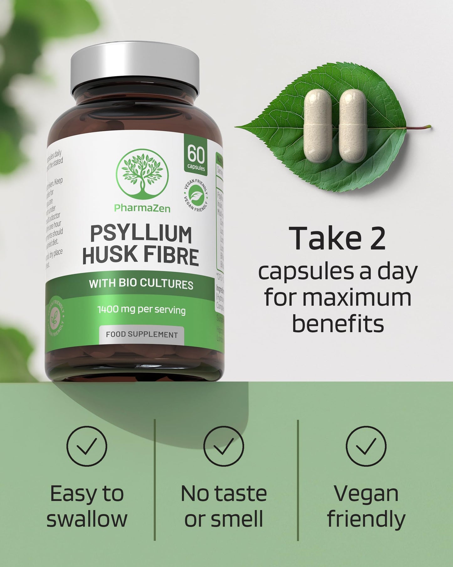 PharmaZen Psyllium Husk Capsules with Probiotics - Fibre Supplement Complex 1400mg - 60 Capsules - 6 Billion Probiotics 5 Strains