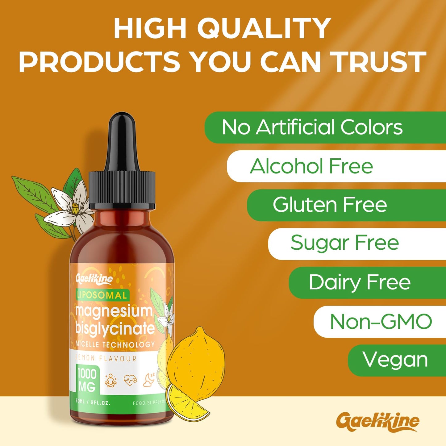 Gaelikine Magnesium Bisglycinate Drops 1000mg – High Absorption Liquid Magnesium Glycinate with Liposomal Micelle Technology, Gentle & Stomach-Friendly Formula, Lemon Flavour, Vegan, 120ml
