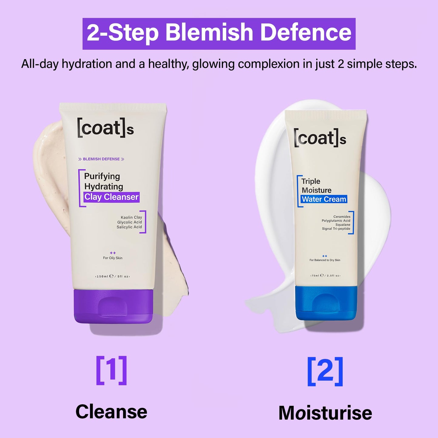 Coats Daily Blemish Defence Duo for Oily Skin – Purifying Hydrating Clay Cleanser 150 ml + Triple Moisture Water Cream 75 ml – Helps Prevent Breakouts + Protect the Skin Barrier