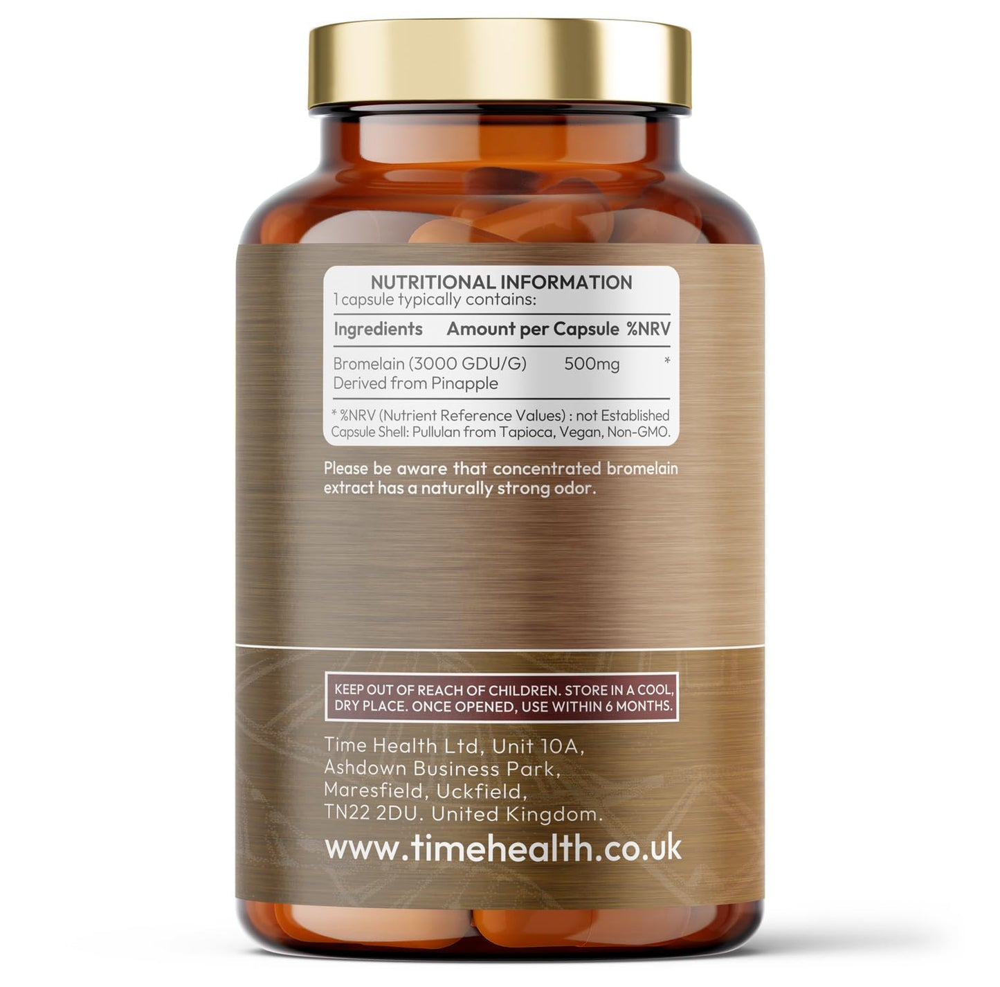 Time Health Bromelain Capsules - High Strength 3000 GDU - Highly Dosed 500mg per Capsule - Naturally Derived from Pineapple - UK Made - Zero Additives - Vegan - Pullulan - 120 Capsules