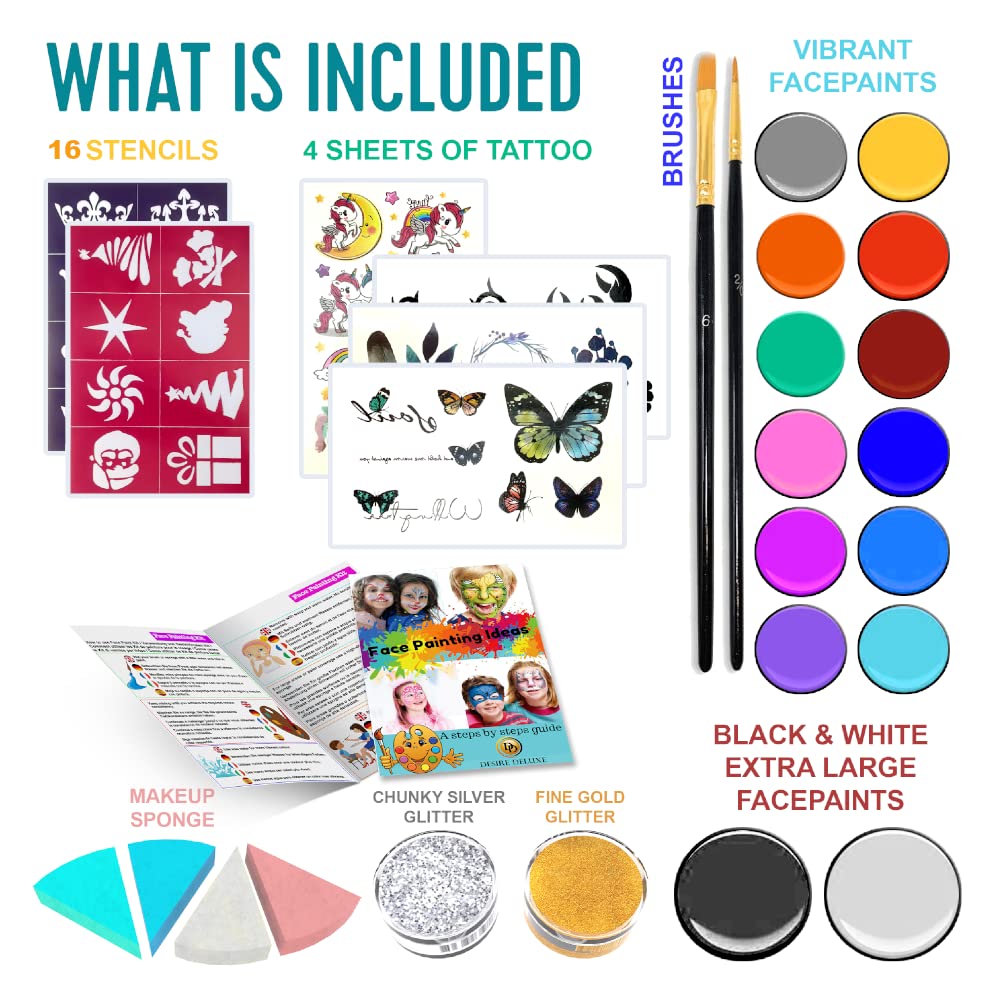 Desire Deluxe Face Paints for Children Halloween Make Up Set for Boys Girls Toy Body Painting Palette Kit Including Glitter, Stencil, Tattoo for Kids - Unique Gift