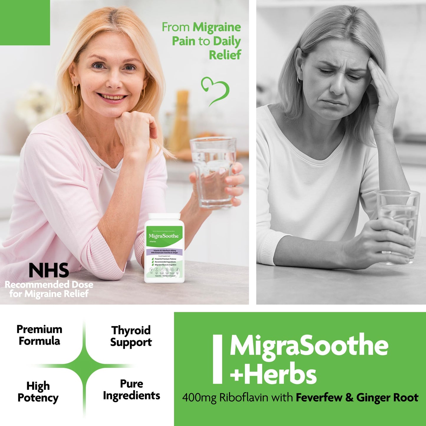 Bespoke Biotics Migraine Relief Feverfew + Ginger + Vitamin B2 Riboflavin 400mg per Capsule - Migrasoothe + Herbs NHS Recommended Ingredients UK Made Stress, Headaches Tremors & Energy Vegan. Vitamin B2 400 [60]