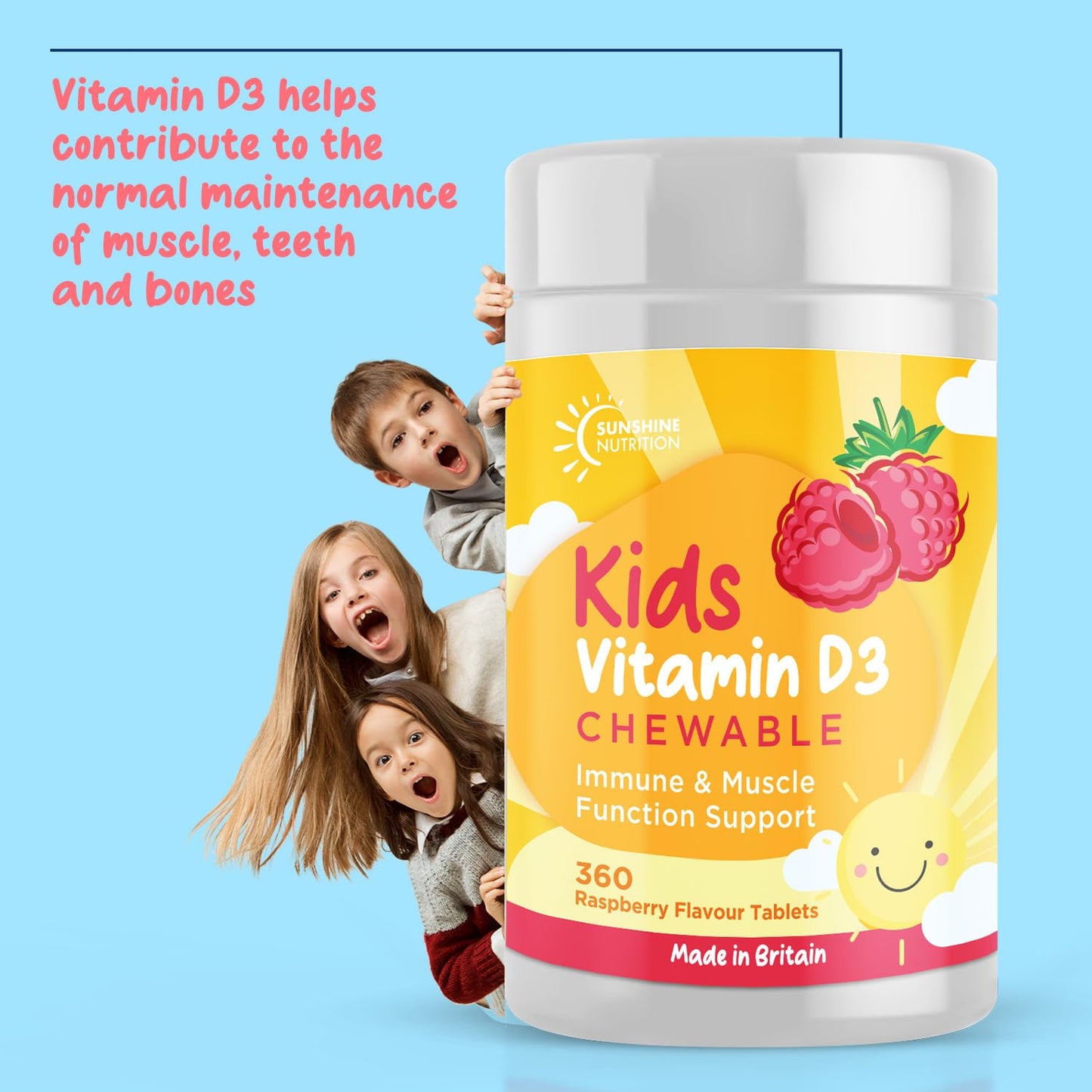 Vitamin D Chewable Supplements for Children 360 Raspberry Flavour Tablets by Sunshine Nutrition (Kids Chewable D3)