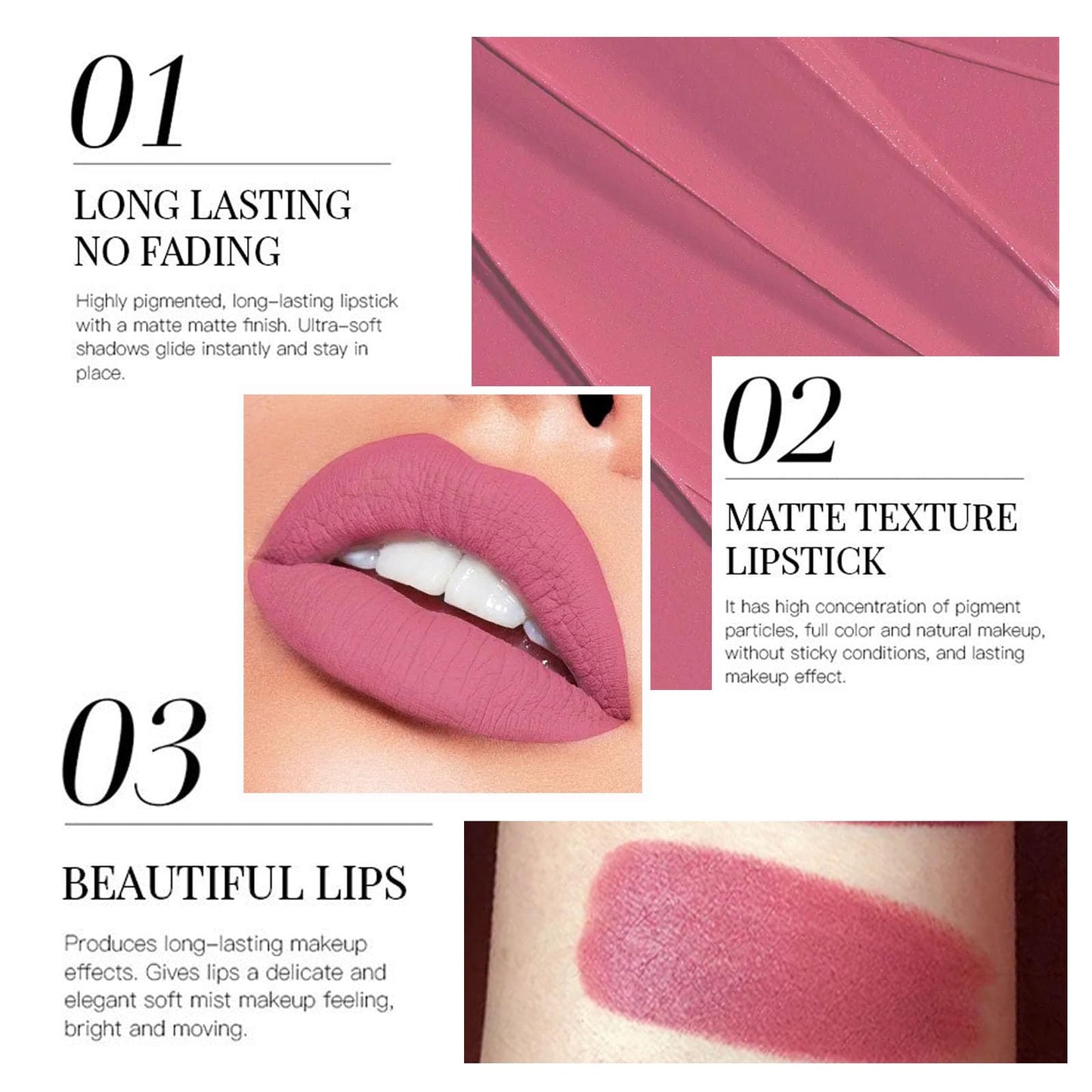 LYNTYAOU Nude Pink Matte Lipstick, Bright Pink Lip Stick for Women, Hot Color Smooth Full-Coverage Moisturizing Lipsticks, Waterproof Non-sticky Lips Tinted, Long Lasting Lip Balm Gift for Girls & Lady