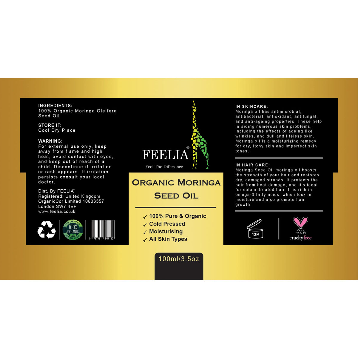 Feelia - Organic Moringa Oil - Cold Pressed, Moisturizing, Rich in Vitamins & Nutrients, High in Vitamin C, Great for Skincare, 100% Pure & Organic - 100ml
