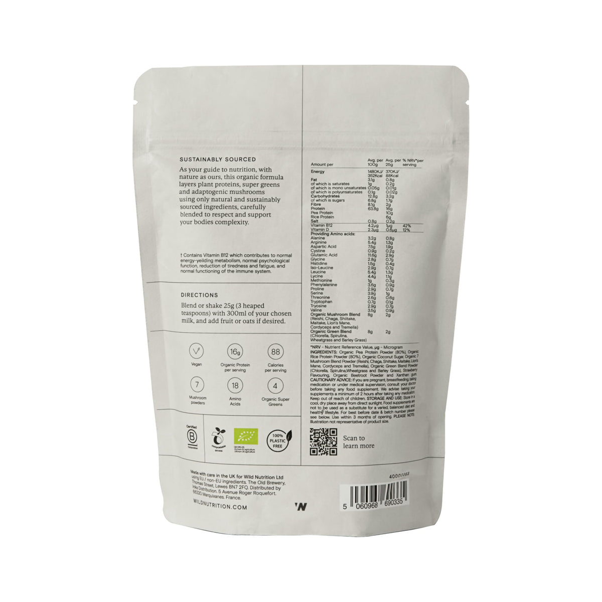Wild Nutrition WILD NUTRITION Food-Grown® Vegan Protein Powder Super Food Blend | Organic Ingredients No Synthetics | Pea Protein, Sprirulina, Reishi, Chaga, Wheatgrass & More | Gluten Free