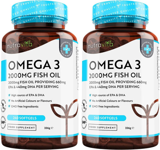 Omega 3 2000mg with 660mg EPA & 440mg DHA per Serving (2 Packs of 240) - 480 Softgel Capsules of Sustainably Sourced Pure Omega 3 Fish Oil - Made in The UK by Nutravita