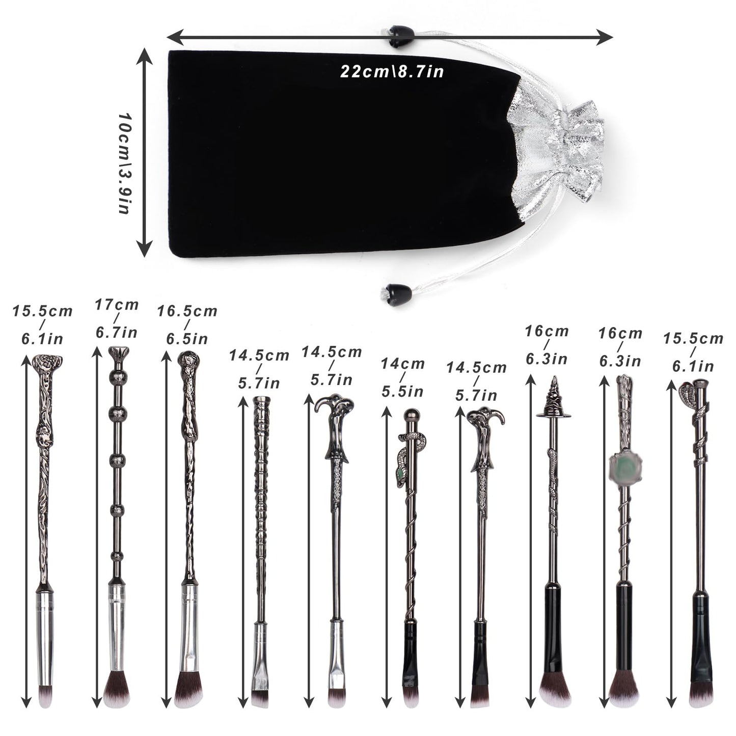 Boyigog 10Pcs Wizard Makeup Brushes Set,3D Silver Handle Metal Wand with Theme Bag,Anime Cosmetic Brushes for Powder Eyeshadow Lips Eyeliner,Portable Makeup Brush Set Gift for Girl Women (Silver)