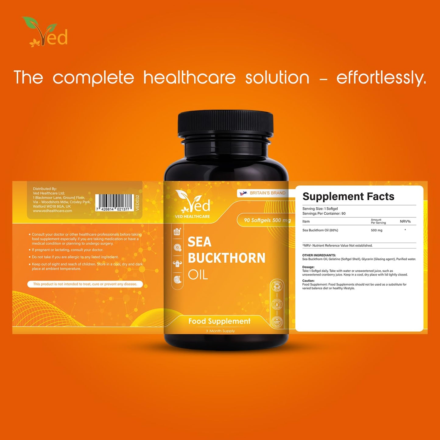 Ved VED Sea Buckthorn Oil Soft Capsules | Boost Immune System | Omega-7 500 mg | 120 Softgels.