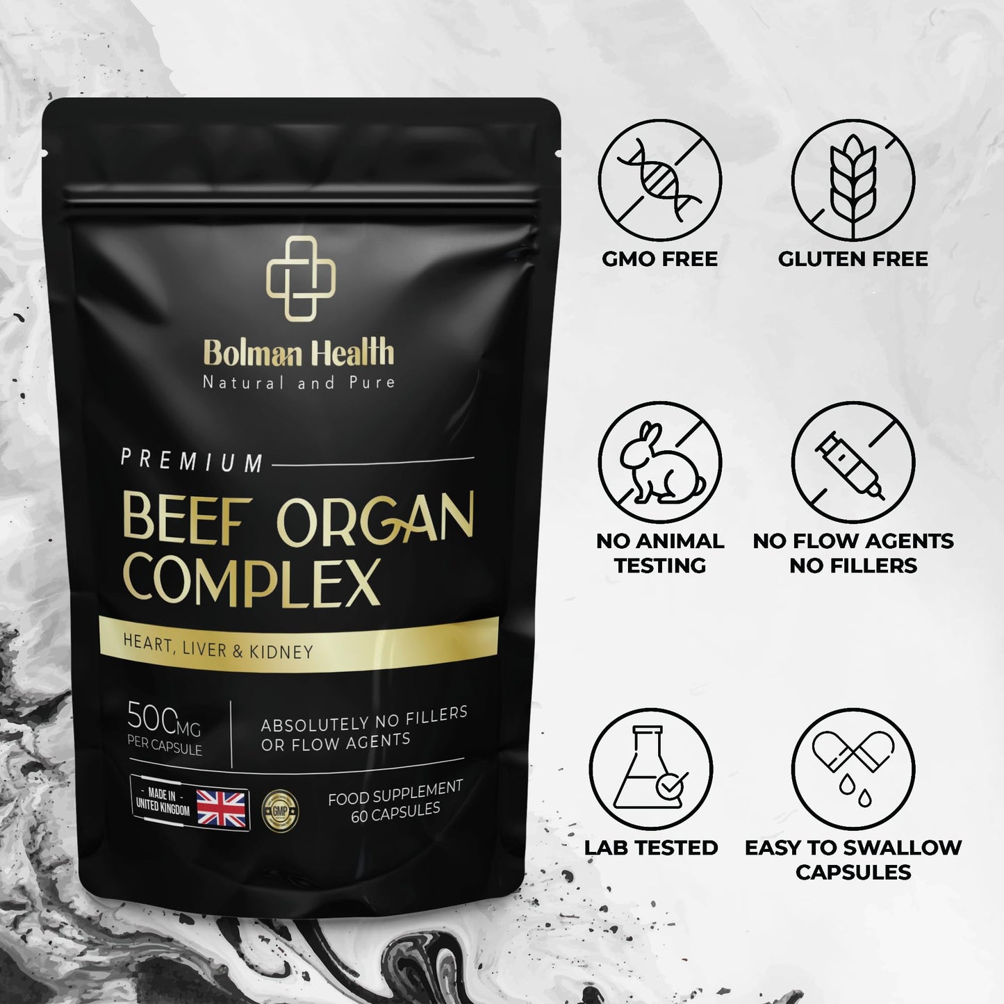 Bolman Health Beef Organ Complex | High Strength Grass-Fed Liver, Heart & Kidney Capsules | Supports Energy, Metabolism, Immune Health, Stamina & Vitality | 60 Capsules | Non-GMO, Gluten-Free | UK Made