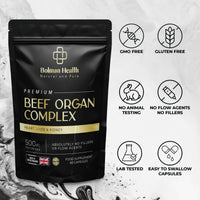 Bolman Health Beef Organ Complex | High Strength Grass-Fed Liver, Heart & Kidney Capsules | Supports Energy, Metabolism, Immune Health, Stamina & Vitality | 60 Capsules | Non-GMO, Gluten-Free | UK Made