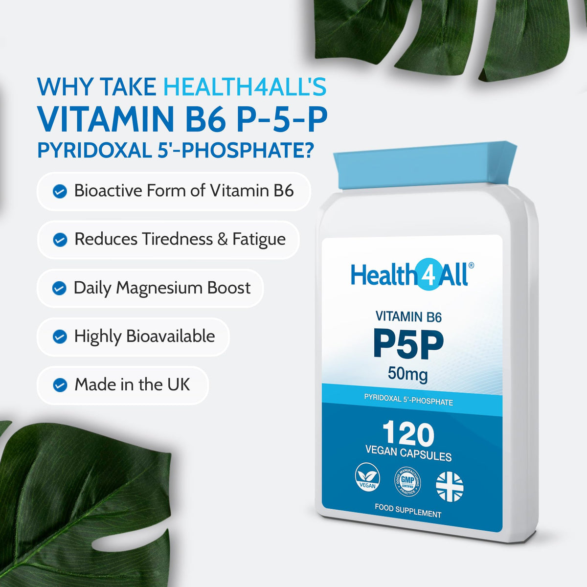 P5P 50mg Activated Vitamin B6 with Magnesium Citrate for Tiredness & Fatigue - 120 Capsules 4 Month Supply - Pyridoxal 5'-Phosphate - Vegan VitB6 Supplement - Made in UK by Health4All