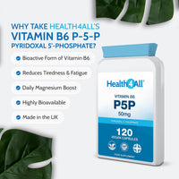 P5P 50mg Activated Vitamin B6 with Magnesium Citrate for Tiredness & Fatigue - 120 Capsules 4 Month Supply - Pyridoxal 5'-Phosphate - Vegan VitB6 Supplement - Made in UK by Health4All