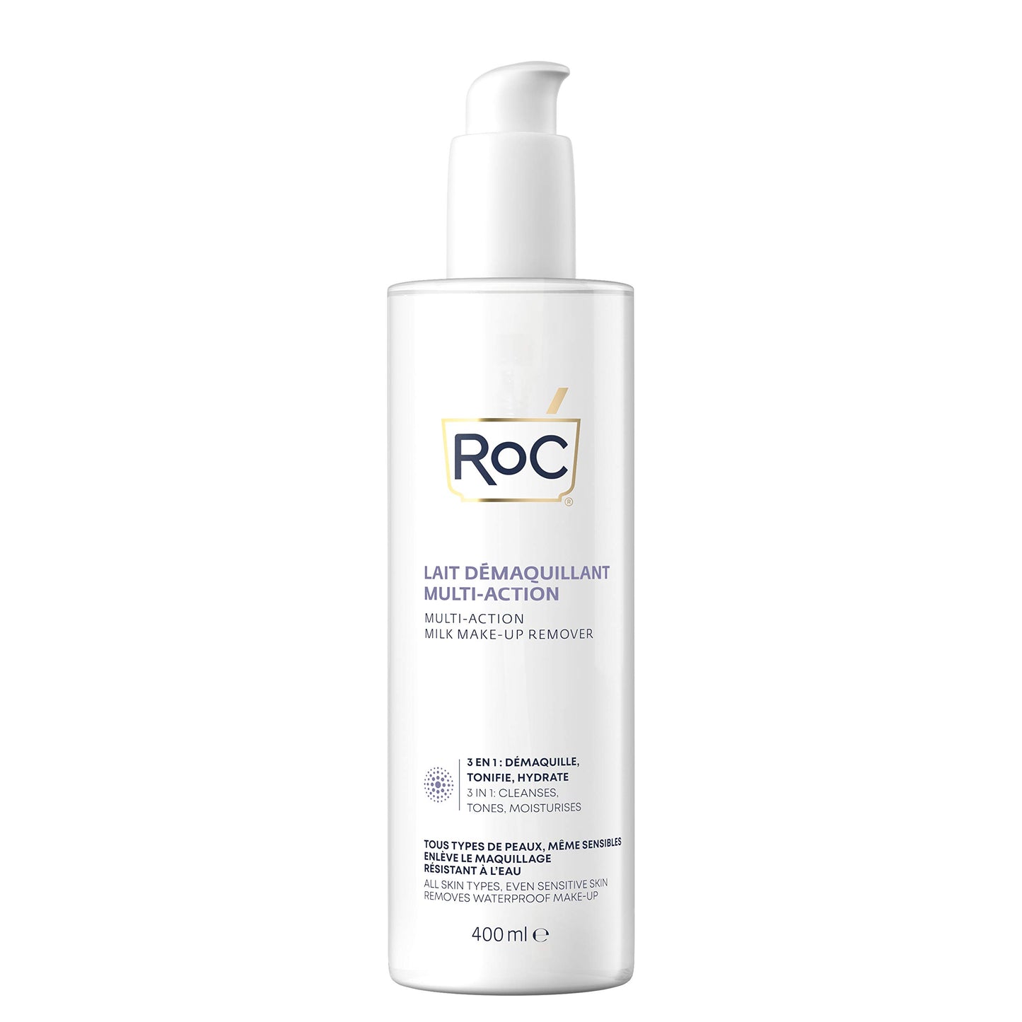 ROC - 3-in-1 Milk Makeup Remover - Effective Makeup Removal - 24-Hour Moisturising Remover - Removes Waterproof Makeup - Skin Toning Solution - Glycerin & Panthenol - All Skin Types - 400 ml