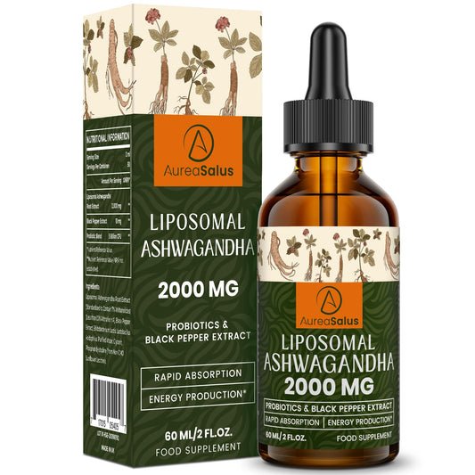 AureaSalus Liposomal Ashwagandha Drops 2000mg, Pure Natural Ashwagandha Extract, Enrich Probiotics & Black Pepper Extract, Stress Relieve Supplements, Increase Energy, 60ML (Pack of 1)