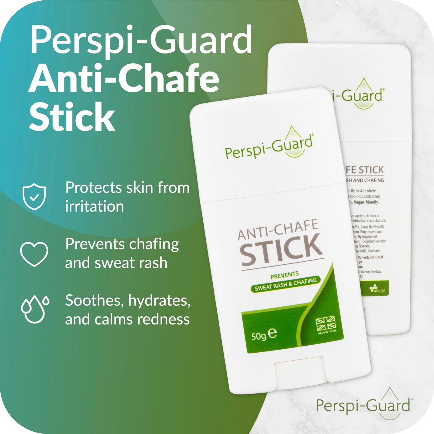 Perspi-Guard Anti Chafe Stick - Soothing Anti Chafe Balm with Aloe Vera for Sweat Rash - Anti Chafing Chub Rub Stick for Running, Cycling - 50 g