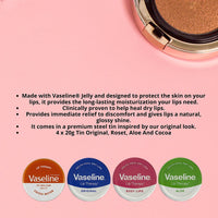 Vaseline Lip Balm - Petroleum Jelly - Lip Therapy - Original, Coco Butter, Alo VeraAnd Rosy 20g Tin - Soothes Dry Lips - Pack Of 4