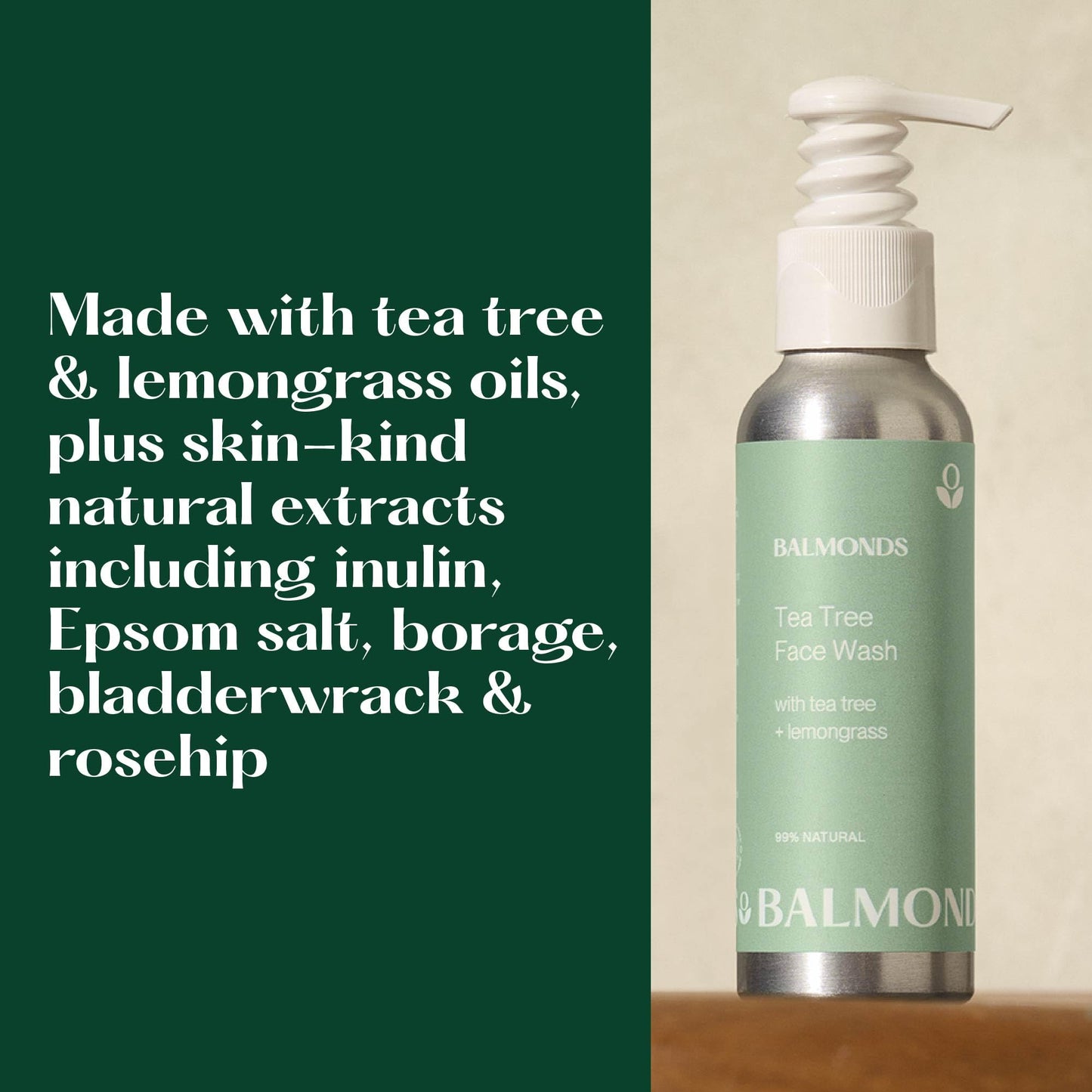 Balmonds Tea Tree Face Wash - 99% Natural Foaming Cleanser with Lemongrass for Sensitive, Breakout-Prone Skin, Vegan, Paraben-Free, 125ml