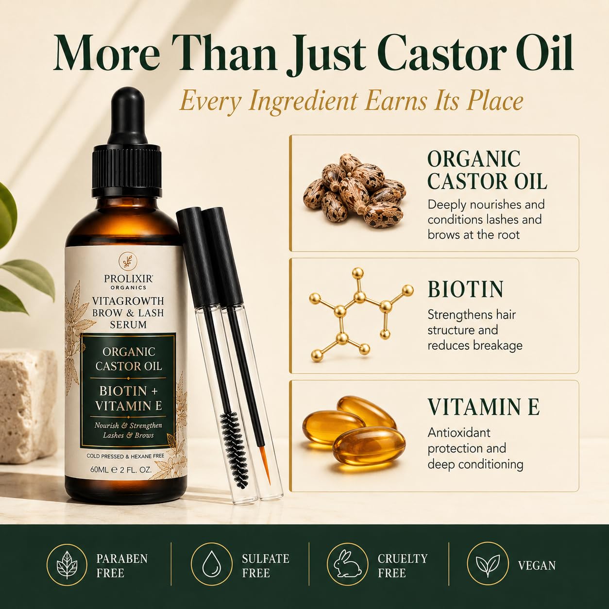 Prolixir Organic Castor Oil for lashes & Brows, Cold Pressed Lash & Brow Growth, Repair & Conditioning Oil with Vitamin E, Precision Applicators, For Fuller Looking Lashes, Brows, Hair & Nails, 60ml