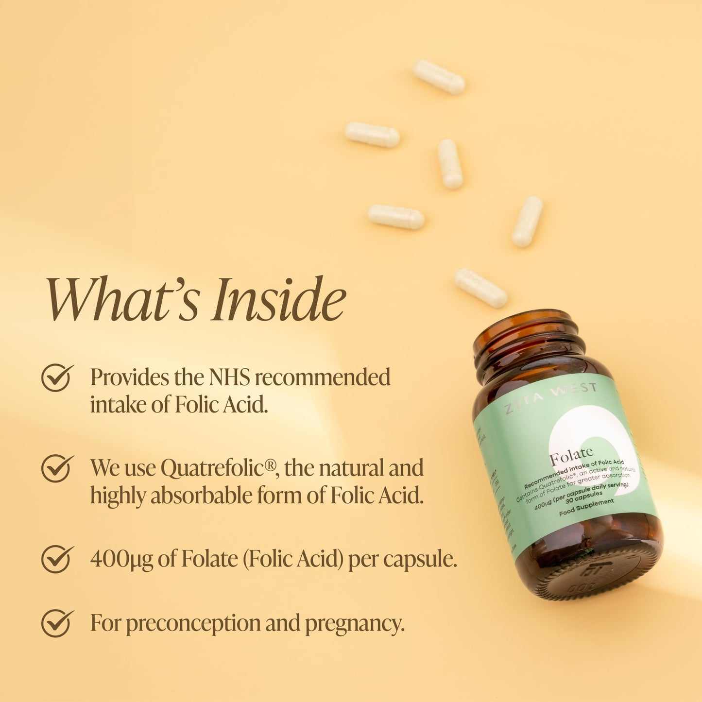 Zita West Premium Folate (L-Methylfolate) 400µg - Quatrefolic® Formula for Pre-Conception & Pregnancy - 30 Vegan Capsules