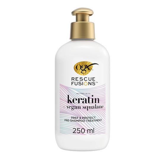 OGX Rescue Fusions Keratin with Vegan Squalane Prep & Protect Pre-Shampoo Treatment, Deeply Conditions, Strengthens & Reduces Strand Breakage to Visibly Repair Damaged Hair, 250ml