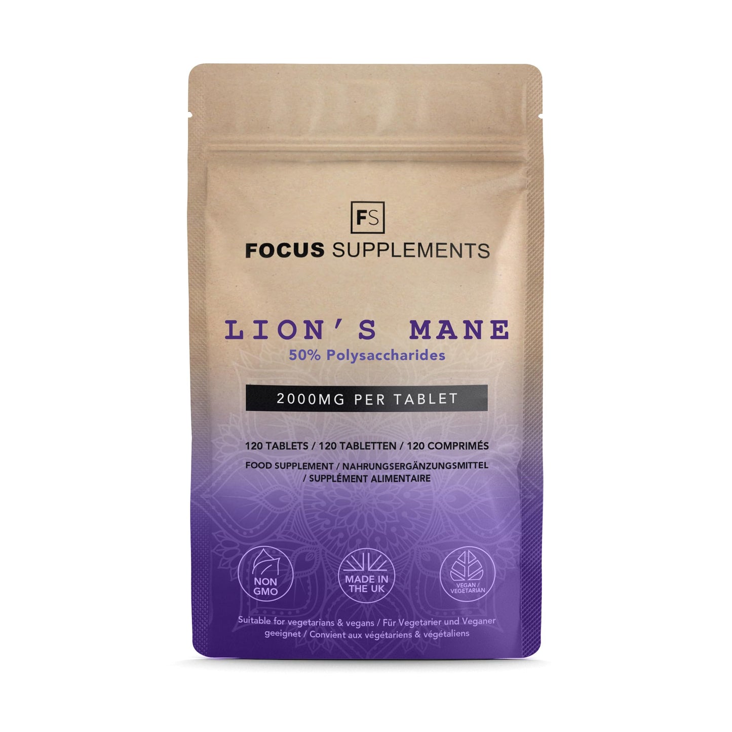 FS Lions Mane | 120 Lion's Mane Tablets - 2000mg Lions Mane per Serving | Lions Mane Supplement High Strength Mushroom Supplement | Non-GMO, Gluten & Allergen Free | Made in The UK