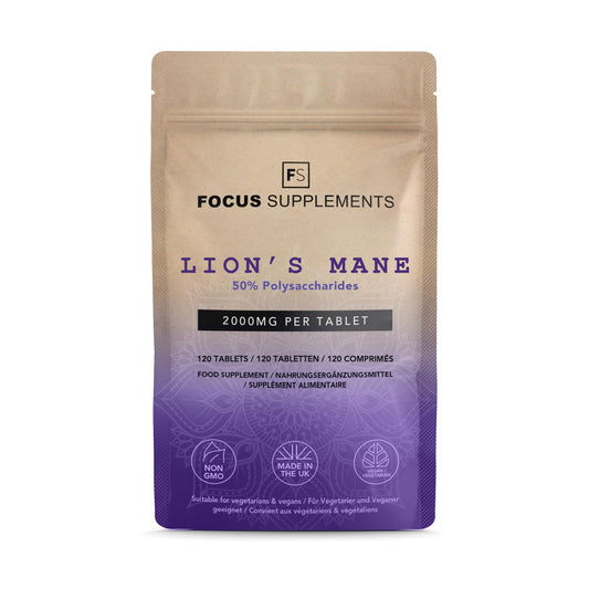 FS Lions Mane | 120 Lion's Mane Tablets - 2000mg Lions Mane per Serving | Lions Mane Supplement High Strength Mushroom Supplement | Non-GMO, Gluten & Allergen Free | Made in The UK