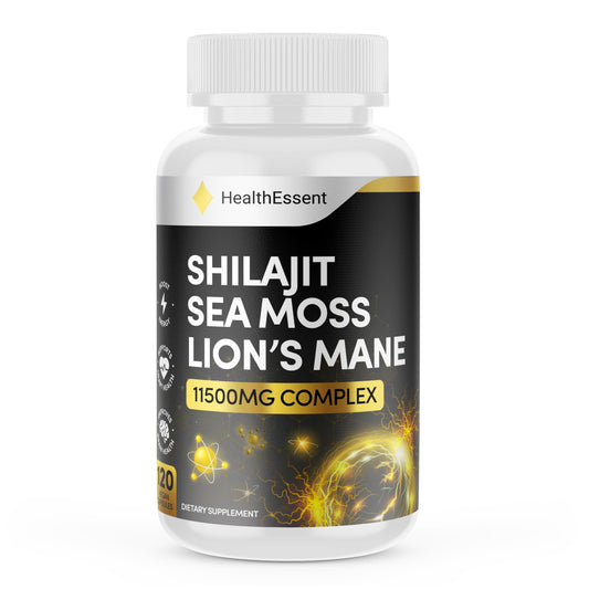 Sea Moss Shilajit Lion Mane 3 in One, with Added Ashwagandha KSM 66 and Black Pepper, 11500mg Superfood Blend for Vitality & Immunity, Energy and Brain Health - 120 Vegan Capsules by HealthEssent